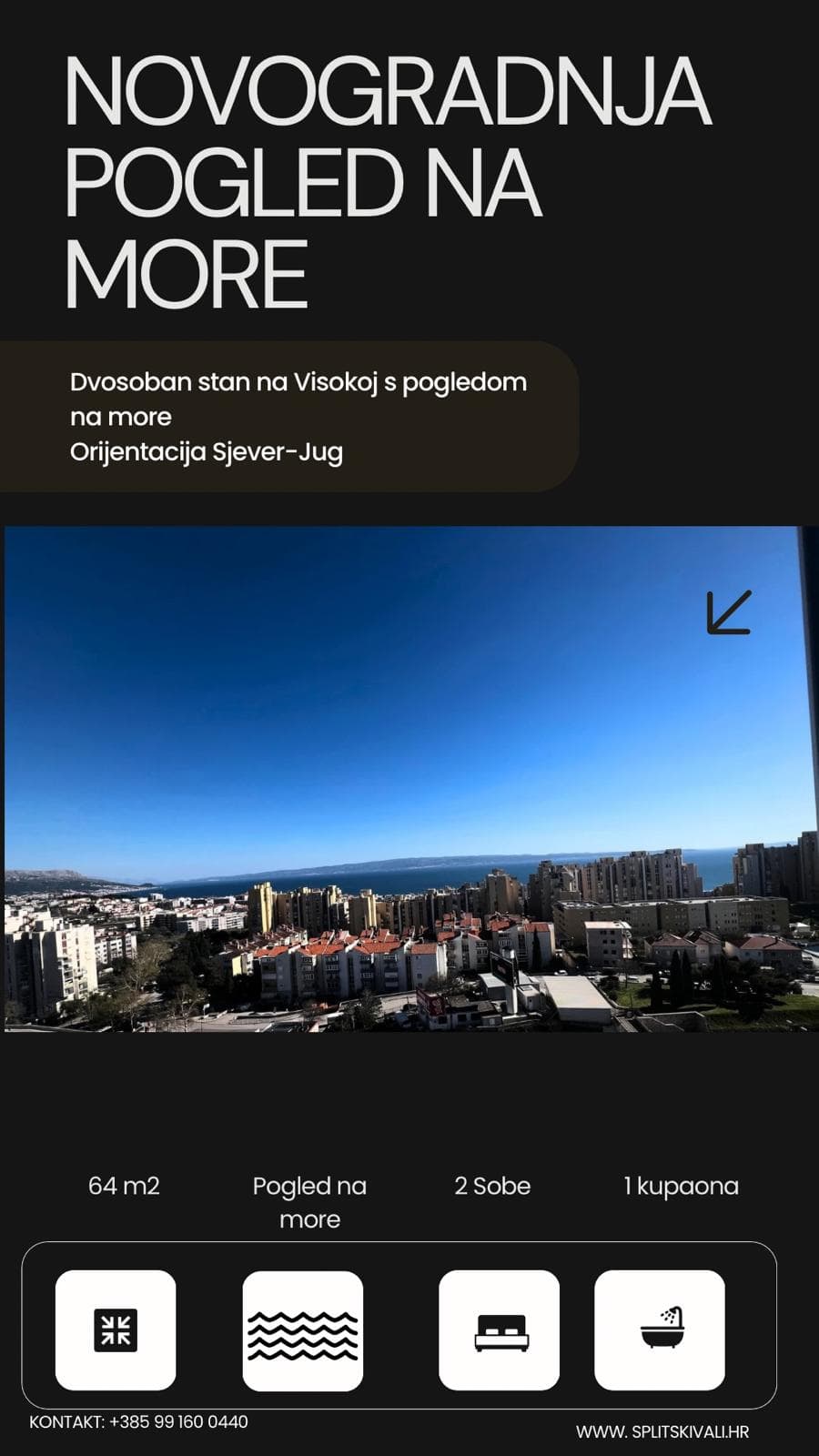 Novogradnja dvosobni stan Visoka s pogledom na more